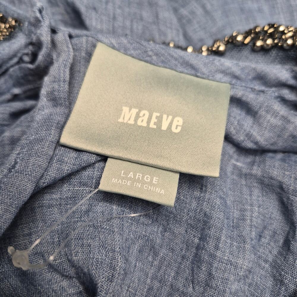 Anthropologie Maeve Chambray Blouse Sleeveless Beaded Peter Pan Collar Top Sz L - Picture 9 of 10